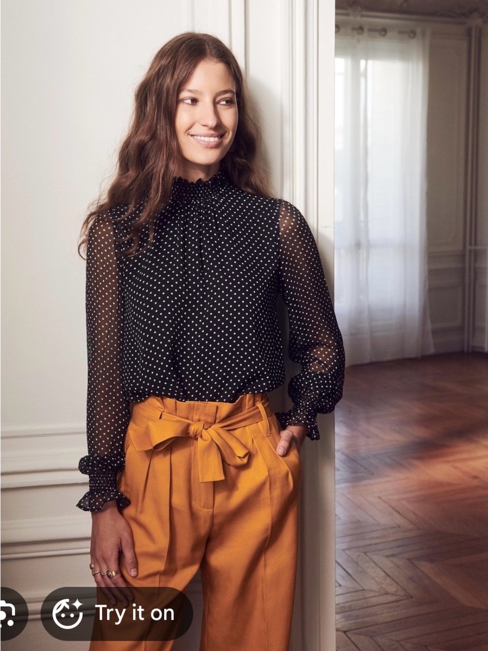 Sezane Cathy Black Sheer Polka Dot Long-Sleeve Blouse